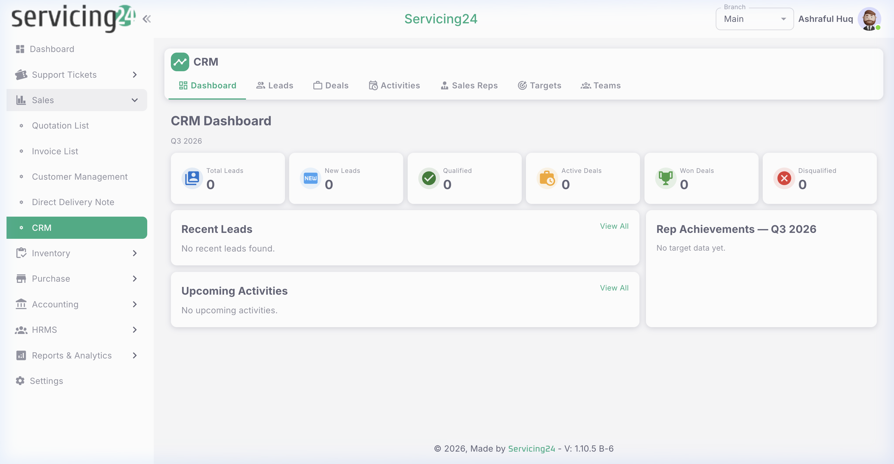 CRM Dashboard — leads and deals pipeline overview