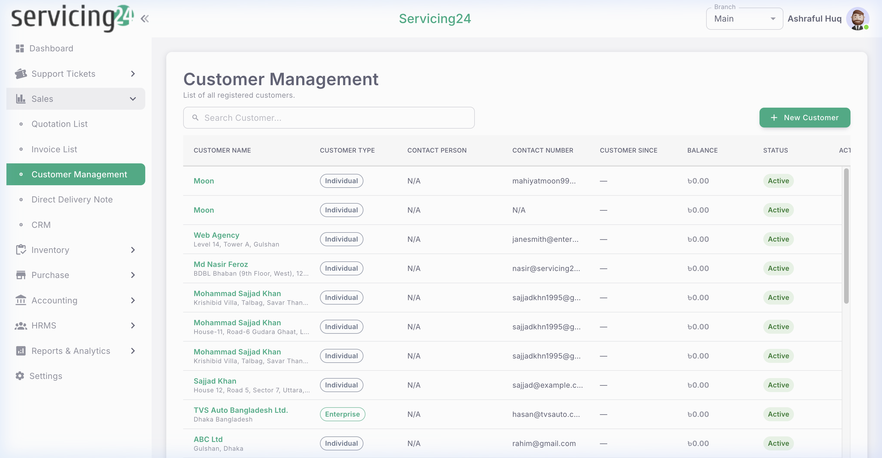 Customer Management — searchable list with all customer details