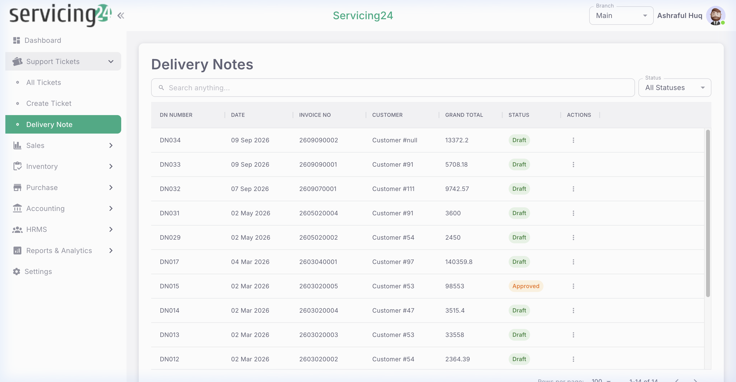 Delivery Note list — showing all issued delivery notes