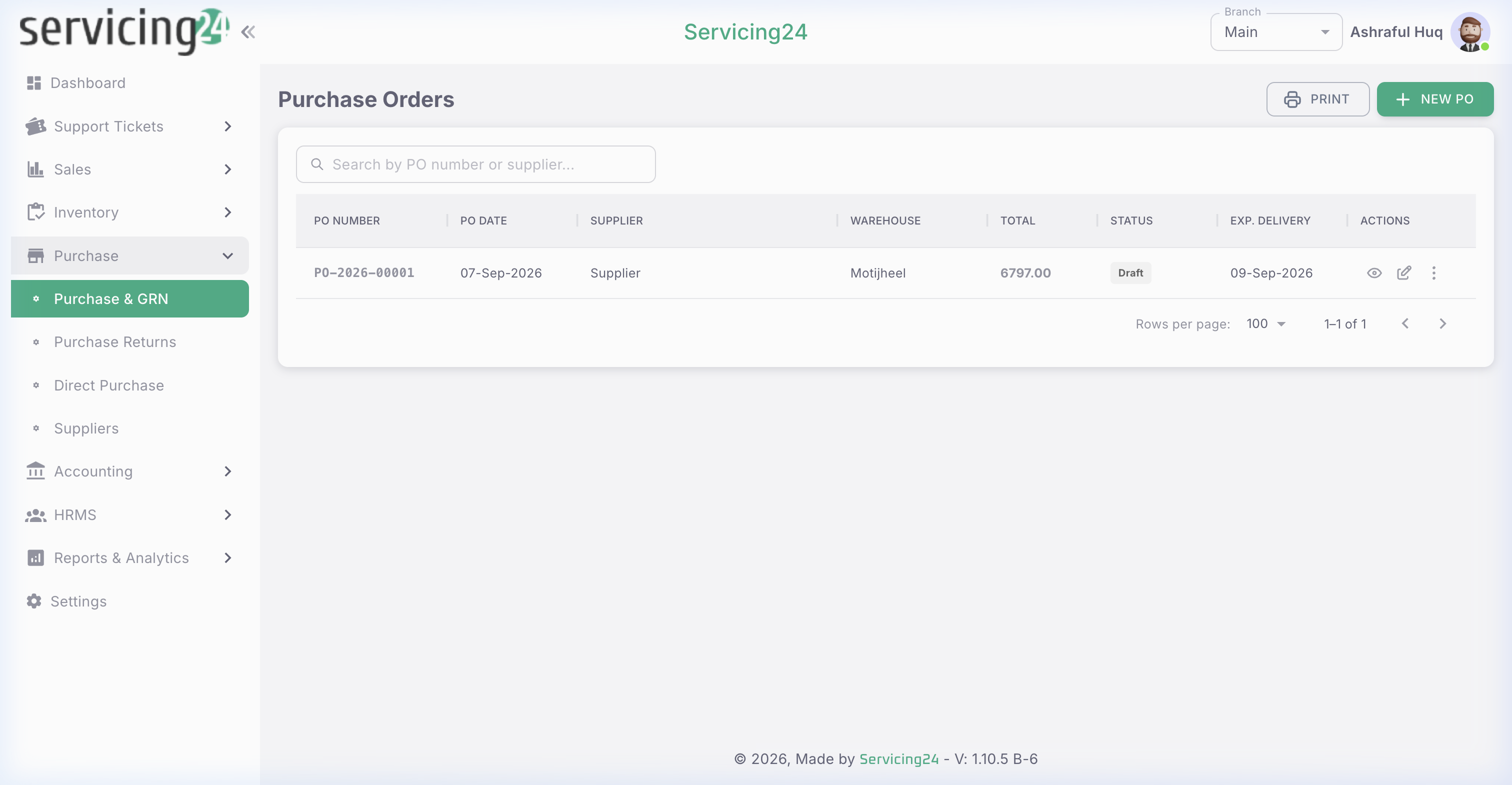 Purchase Orders list — all POs with supplier, status, and total amount