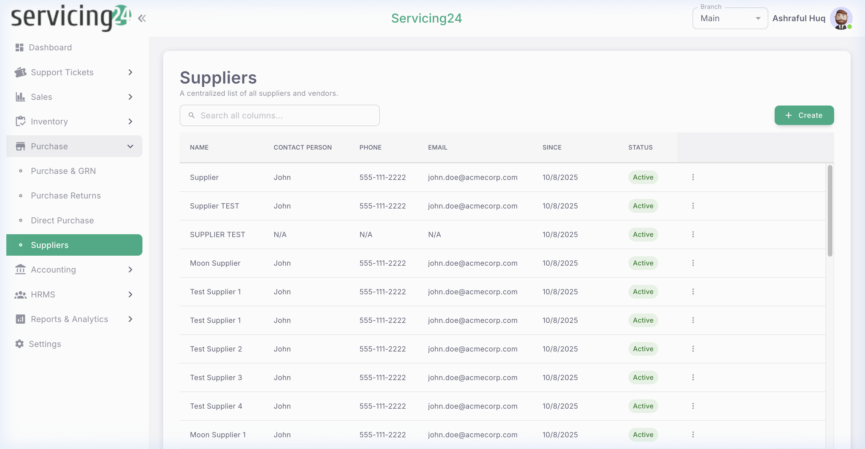 Supplier list — all vendors with contact info and outstanding balances