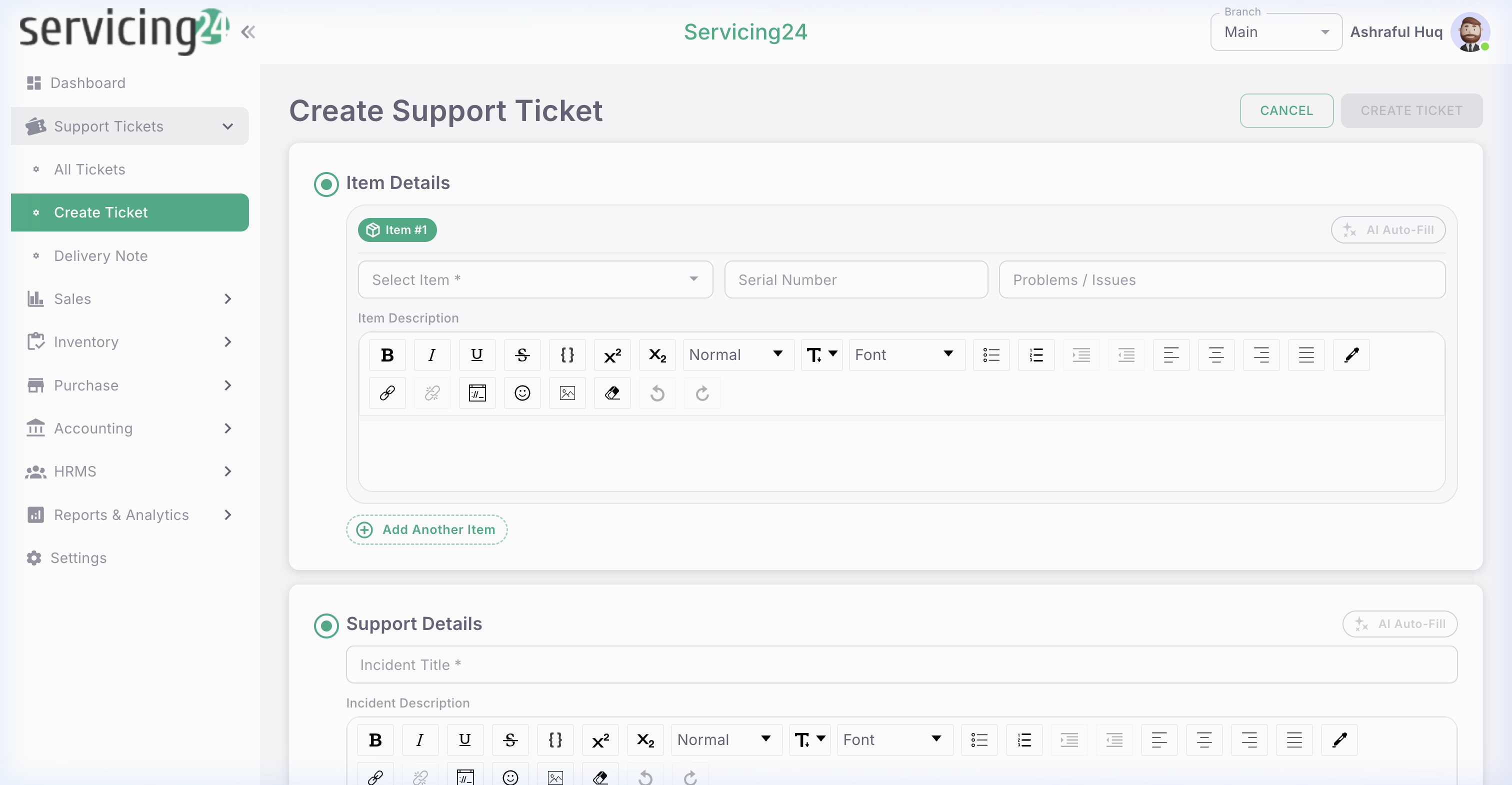Create Support Ticket form — fill in all required information